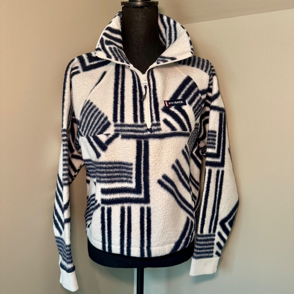 Rhoback Womens Navy White Geometric Abstract Quarter Zip Fleece Pullover Small